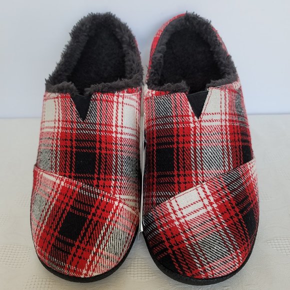 TOMS Mens Berkeley Faux Fur Lined Slip-On Slippers-Red Plaid- Men's Size 12 - Picture 8 of 15